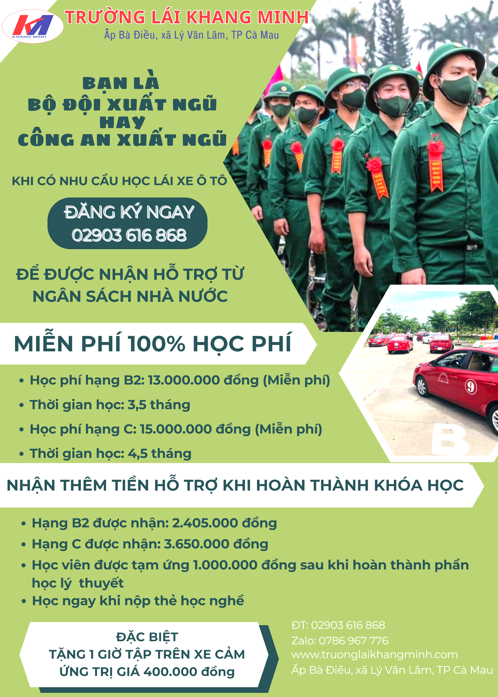 MIỄN PHÍ HỌC PHÍ VÀ HỖ TRỢ TIỀN ĂN UỐNG CHO BỘ ĐỘI, CÔNG AN XUẤT NGŨ (Bấm xem chi tiết)